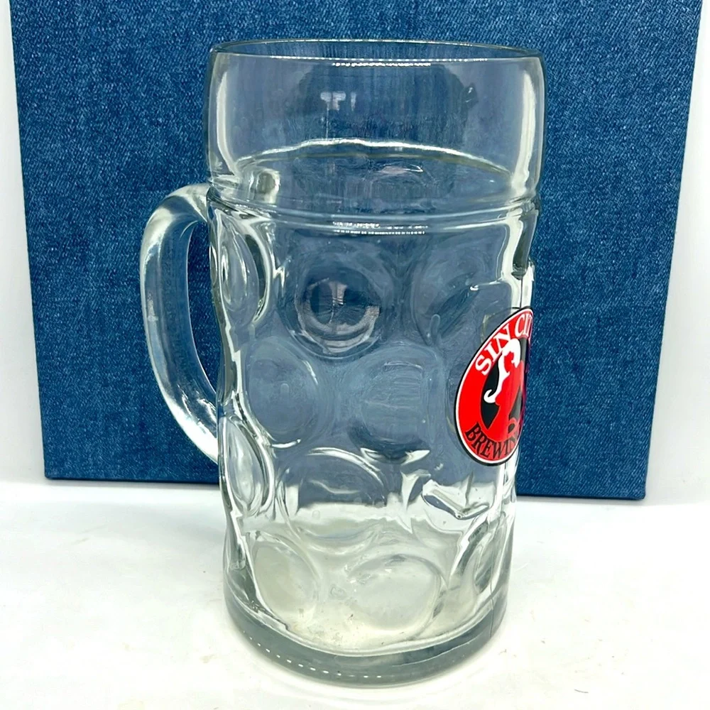 Giant 42oz Dimpled Glass Beer Mug Sin City Brewing Logo - Picture 1 of 8
